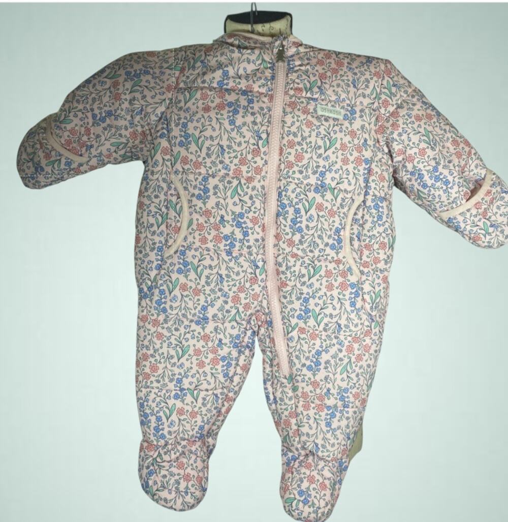 OshKosh B'Gosh Baby Girls Hooded Pram Pink Floral Puffer Suit With Cozy Lining